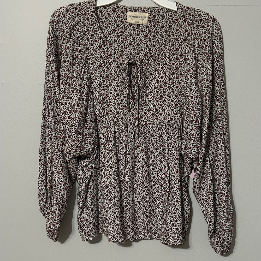 Ralph Lauren Denim and Supply:Floral  Blouse: maroon& grey. Small. 💯 viscose.